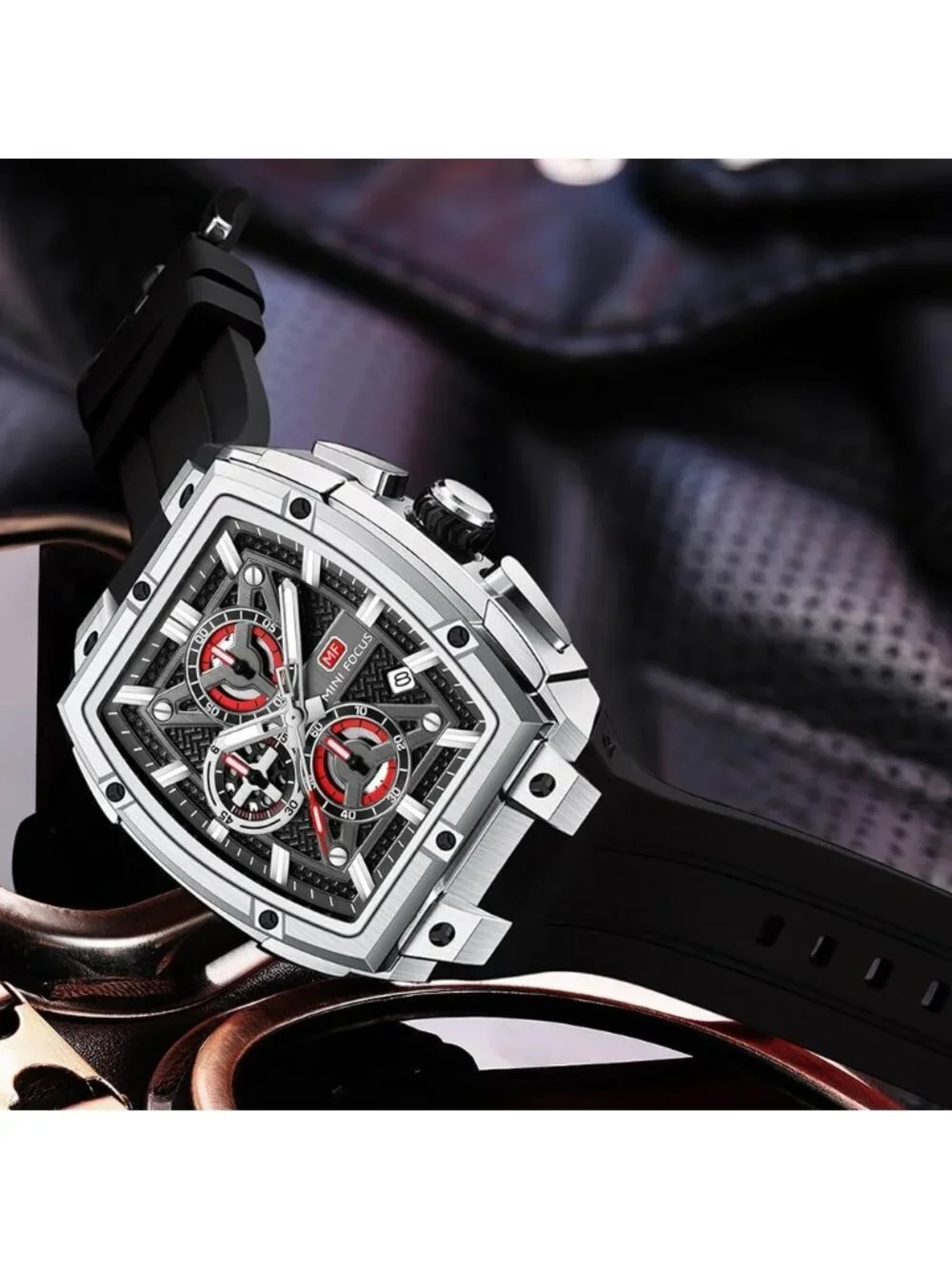 Men's Silver Analog Wrist Skeleton Tonneau Chronograph Ideal Enthusiasts Watch